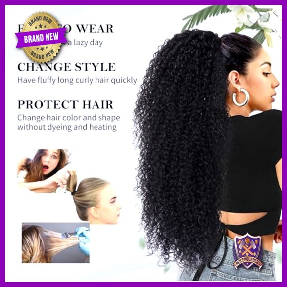27 Inch Drawstring Ponytail Extension Deep Curly Synthetic Mixed Human Hair main image 5